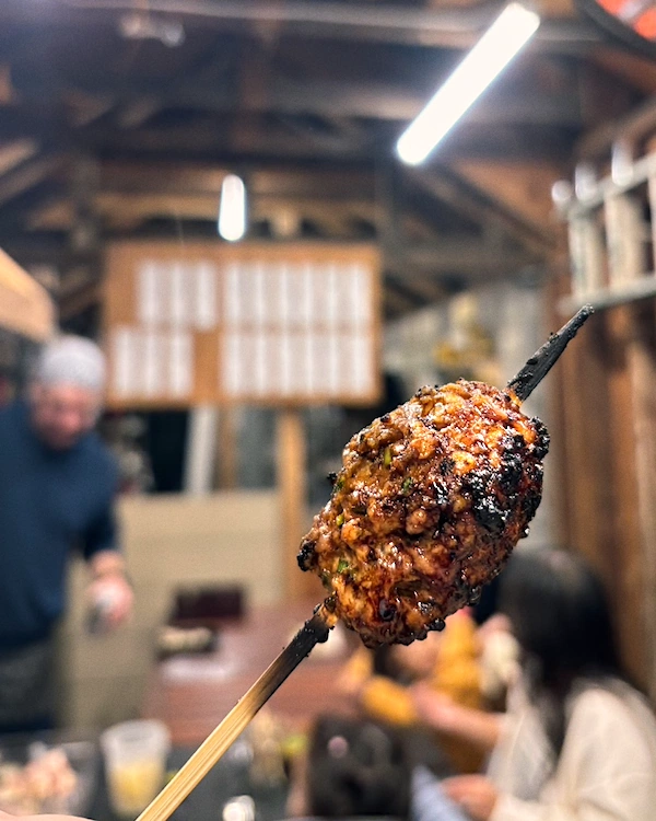 Close up of a chicken meatball skewer