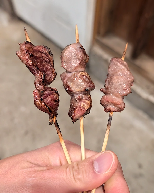A hand holding three chicken offal skewers